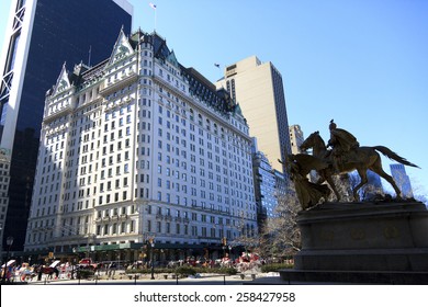 New York, NY, USA - February 18, 2013: Legendary Plaza hotel is a landmark 20-story luxury hotel and condominium apartment.