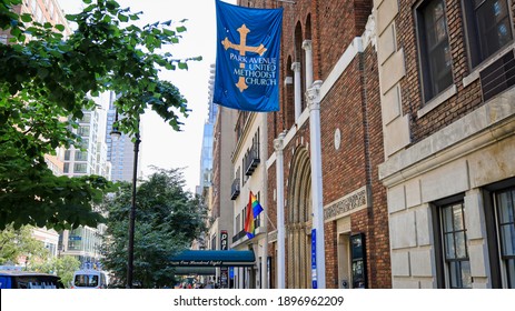 New York, NY, USA - Jan 17, 2021: Church Flag Along With Gay Flag On Park Avenue On The Upper East Side In Manhattan