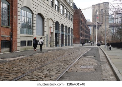 New York, NY / USA - January 16, 2019: Brooklyn Bridge. View From Plymouth Street.