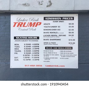 New York, NY USA - January 15, 2019 : Admission Sign At Lasker Rink Run By The Trump Organization Near The Harlem Meer In Central Park