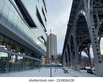 New York, NY USA - January 20, 2022 : The New Columbia Business School Campus Next To The Arches Of The Riverside Drive Viaduct In Industrial Manhattanville, West Harlem