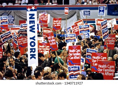 New York, NY., USA, July 16, 1992
Clinton And Health Care Signs At The Democratic National Convention.
