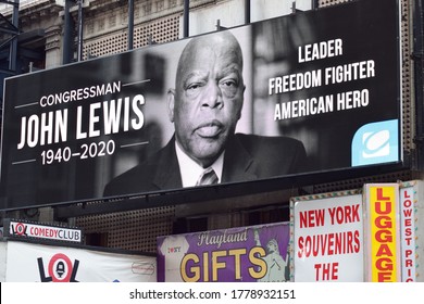 New York, NY / USA - July 17, 2020: John Lewis Memorial On Digital Screen In New York's Times Square