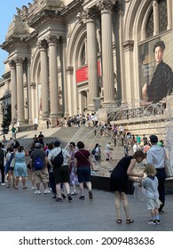 New York, NY  USA - July 16, 2021: New York City, New Yorkers Outside Metropolitan Museum Of Art During Last Weeks Of Covid-19 Pandemic Restrictions