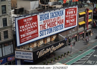 New York, NY, USA - July 7, 2022: The Music Man on Broadway. Close-up of the marquee advertising Hugh Jackman and Sutton Foster. Photo taken from above. Daytime.