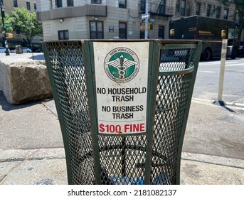 New York, NY USA - July 20, 2022 : A New York City Department Of Sanitation Garbage Can Mostly Empty Of Trash