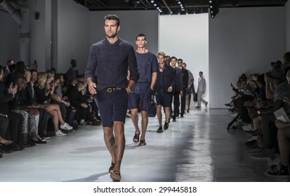 New York, NY, USA - July 14, 2015: Models walk runway at the Todd Snyder Runway show during New York Fashion Week: Men's S/S 2016 at Skylight Clarkson Sq, Manhattan