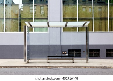 New York, NY, USA - July 8, 2016: Bus Stop: Empty Bus Stop In Queens New York.