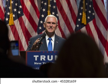 New York, NY USA - July 16, 2016: Mike Pence speaks during Donald Trump introduction Governor Mike Pence as running for vice president at Hilton hotel Midtown Manhattan