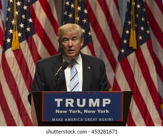 New York, NY USA - July 16, 2016: Donald Trump speaks during introduction Governor Mike Pence as running for vice president at Hilton hotel Midtown Manhattan
