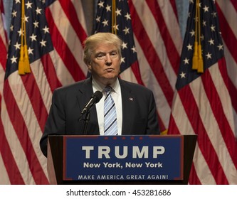 New York, NY USA - July 16, 2016: Donald Trump speaks during introduction Governor Mike Pence as running for vice president at Hilton hotel Midtown Manhattan