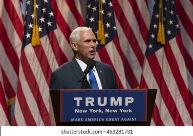 New York, NY USA - July 16, 2016: Mike Pence speaks during Donald Trump introduction Governor Mike Pence as running for vice president at Hilton hotel Midtown Manhattan