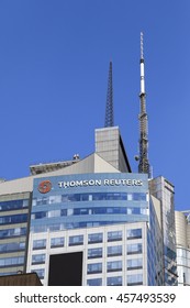 New York, NY, USA - July 23, 2016: Thomson Reuters: The Corporation is a major multinational mass media and information firm. Its operations are headquartered at Times Square in Manhattan.

