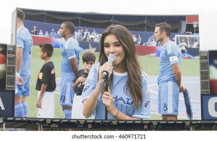 New York, NY USA - July 30, 2016: Madison Beer sings National Anthem before MLS game between NYC FC & Colorado Rapids at Yankees stadium NYC FC won 5 - 1
