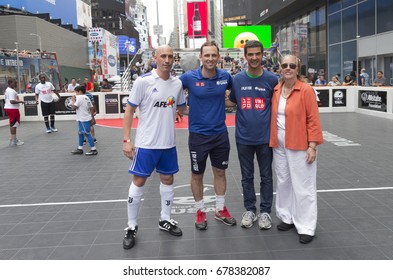 New York, NY USA - July 15, 2017: AFE President Luis Rubiales, NYC Council member Yidanis Rodriguez & Manhattan Borough President Gale Brewer attend US Street Soccer NYC Cup 2017 event on Times Square