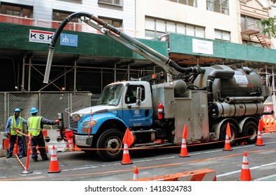 New York, NY / USA - June 5, 2019 : Con Edison Workers And Truck In Manhattan Doing Work