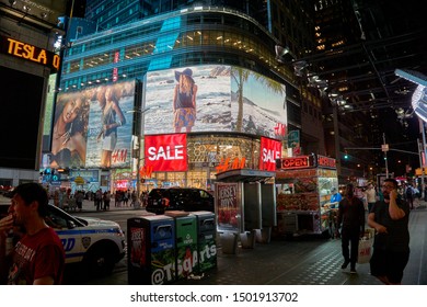 New York, NY USA - June 2016: Evening View In The Center Of NYC Lights Screens Buildings Fashion Boutiques Led Billboards Skyscrapers Architecture. Sightseeing Holidays Vacation Tours Trips. Nightlife