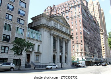 New York, NY, USA - June 19, 2020: Building of the Congregation Shearith Israel, aka the Spanish and Portuguese Synagogue, the oldest Jewish congregation in the United States, Central Park West facade