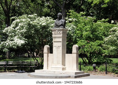 New York, NY, USA - June 1, 2020: Monument to Alexander Lyman Holley 19th-century prominent mechanical engineer, inventor, public figure, located at the Washington Square Park