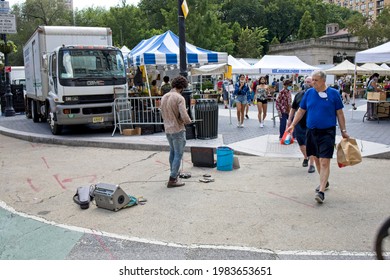 New York, NY, USA - June 1, 2021: Performer At The Union Square Farmers Market In Manhattan