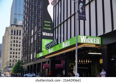 New York, NY, USA - June 5, 2022: Wicked The Musical Broadway Marquee. Daytime.