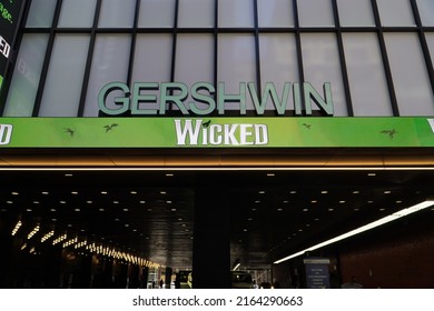 New York, NY, USA - June 5, 2022: Wicked The Musical Broadway Marquee. Daytime.