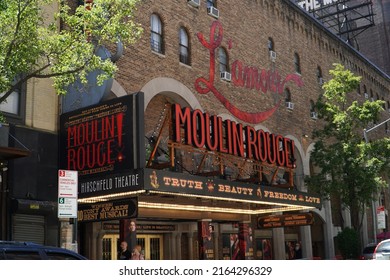 New York, NY, USA - June 5, 2022: Moulin Rouge Broadway Musical Marquee. Daytime.