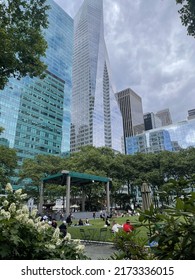 New York, NY  USA - June 24, 2022: New York City, Bryant Park Lawn And Surrounding Towers In Summer