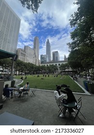 New York, NY  USA - June 24, 2022: New York City, Bryant Park Lawn And Surrounding Towers In Summer