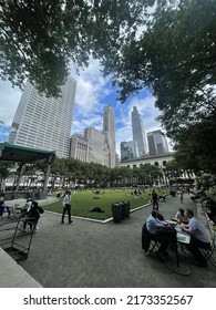 New York, NY  USA - June 24, 2022: New York City, Bryant Park Lawn And Surrounding Towers In Summer