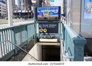 New York, NY, USA - June 26, 2022: Subway Entrance With Bright Advertisement