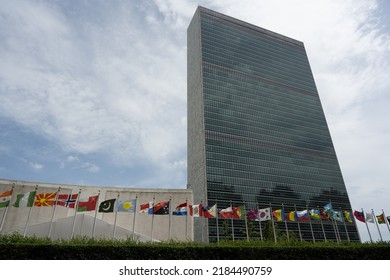 New York, NY, USA - June 7, 2022: Country Flags Flying In Front Of The United Nations Secretariat Building.