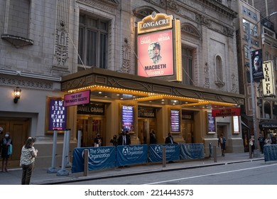 New York, NY, USA - June 3, 2022: The Longacre Theatre, With Macbeth Playing.