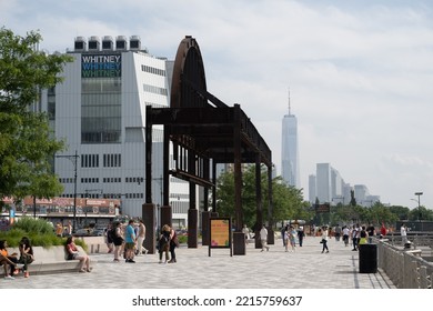 New York, NY, USA - June 3, 2022: Hudson River Park And The Whitney Museum Of American Art, With One World Trade Center Visible In The Distance.