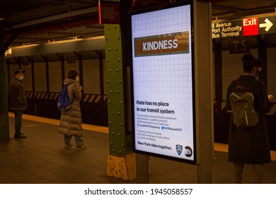 New York, NY, USA - Mar 28, 2021: Electronic Sign In Subway Promoting Kindness To Each Other As A Result Of Attacks On People Of Asian Decent