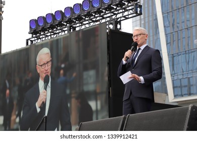 New York, NY / USA - March 15, 2019: Anderson Cooper speaks on stage at the grand opening of Hudson Yards in Manhattan. 
