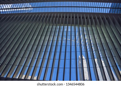 New York, NY / USA - March 19th 2019: Interior Of Tarnsportation Hub At World Trade Center On Sunny Day. The Oculus Or Occulus Opened On March 4th 2016.