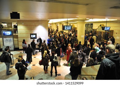 New York, NY / USA - MARCH 14 2010:  Passengers Wait For Their Trains At Track 7 And 8 At Underground Penn Station In Manhattan.