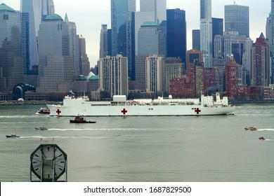 New York, NY / USA - March 30, 2020: USNS Comfort.  Mercy-class Hospital Ship In New York Harbor.