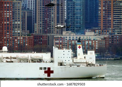 New York, NY / USA - March 30, 2020: USNS Comfort.  Mercy-class Hospital Ship In New York Harbor.