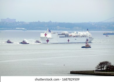 New York, NY / USA - March 30, 2020: USNS Comfort.  Mercy-class Hospital Ship In New York Harbor.