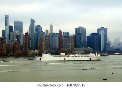 New York, NY / USA - March 30, 2020: USNS Comfort.  Mercy-class Hospital Ship In New York Harbor.