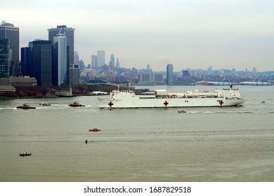 New York, NY / USA - March 30, 2020: USNS Comfort.  Mercy-class Hospital Ship In New York Harbor.