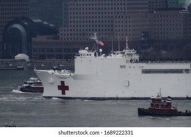 New York, NY / USA - March 30, 2020: USNS Comfort.  Mercy-class Hospital Ship In New York Harbor.