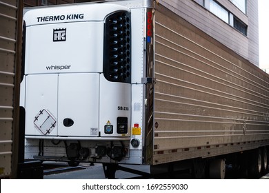 New York, NY / USA - March 29 2020: Makeshift Morgue, Refrigerated Trucks Near The Bellevue Hospital Center During Coronavirus Pandemic City Lockdown