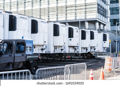 New York, NY / USA - March 29 2020: Makeshift Morgue, Refrigerated Trucks Near The Bellevue Hospital Center During Coronavirus Pandemic City Lockdown