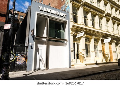 New York, NY / USA - March 29 2020: A Bathing Ape Boarded-up Storefronts During Coronavirus Pandemic City Lockdown