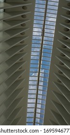 New York, NY, USA. March 18, 2020. View Of The Top Of The One World Trade Center Or Freedom Tower Through The Roof Of The World Trade Center Transportation Hub