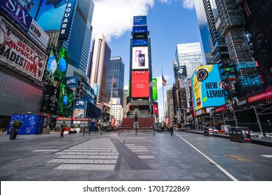 New York, NY / USA - March 29 2020: Empty Times Square During Coronavirus Pandemic City Lockdown