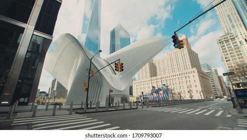 New York, NY / USA - MARCH, 2020: WIDE DX Empty Street View Near Oculus World Trade Center Transportation Hub In Manhattan, NYC During Coronavirus COVID-19 Pandemic.